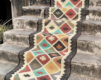 Stair Runner Rug Wool Jute Kilim Runner for Stairs, Turkish Runner Rug, Indian Kilim Rug, Vintage Stair Runner Custom Size Runner for Stairs