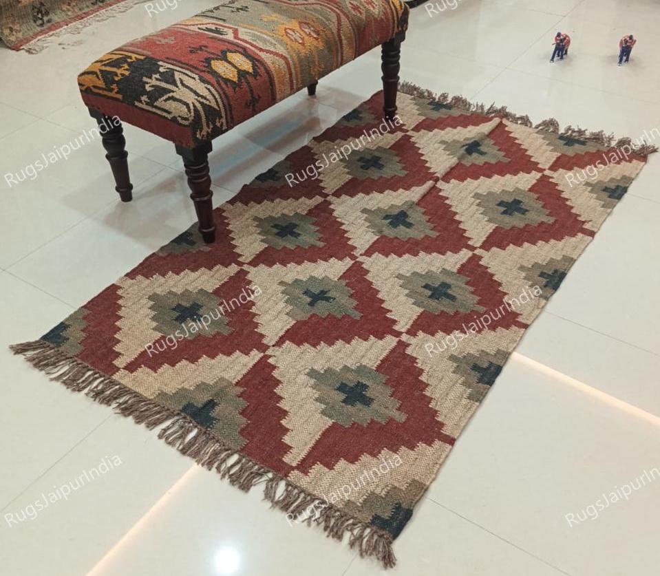 Handmade Wool Jute Kilim Rug Runner: Red, White, Black, Boho Decor