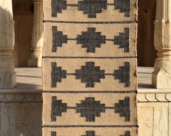 Handmade Wool Jute Kilim Rug Runner: Bohemian Dhurrie Decor
