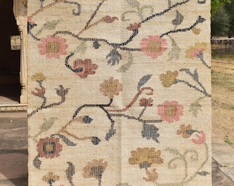 Handwoven Cotton Jute Rug: Floral Kilim, Bohemian Nordic Style
