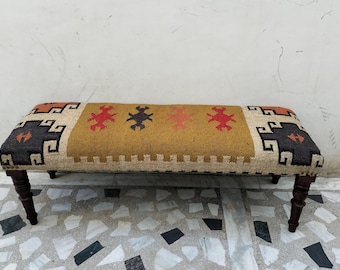 Handgemachter Kelim Sitzplatz: Boho Wollteppich Ottoman