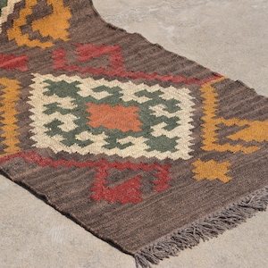 Handwoven Wool Jute Kilim Runner Rug: Geometric Staircase Hallway