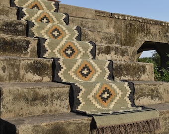 Handgemaakte wollen kelimloper voor trappen, Indiase kelimloper tapijt, aangepast formaat loper, platgeweven jute loper, rustiek boho loper tapijt