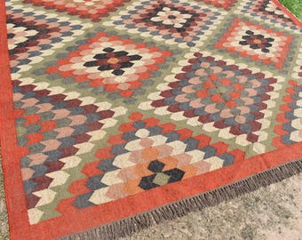 Handmade Wool Jute Kilim Rug, Southwestern Area Rug, Boho Multicolor Geometric Flatweave Rug, Rustic Farmhouse Decor, Custom Size Floor Rugs