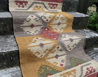 Handwoven Wool Jute Kilim Rug: Multicolor Stair Runner Stairway Outdoor Kitchen Runner Bedside Custom Lobby