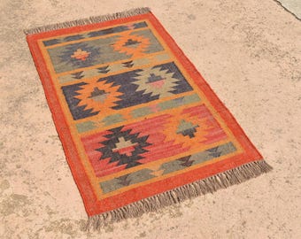 Dywan z wełny jutowej kilim – ręcznie tkany, plemienny, płaski dywan do przedpokoju, geometryczny dywan z wełny jutowej w stylu południowo-zachodnim do salonu i na zewnątrz