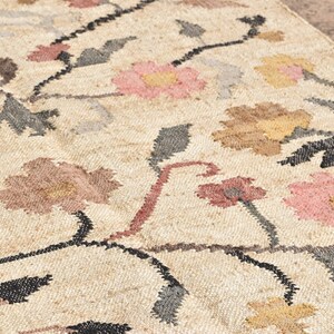 May include: Close-up of a beige rug with a floral pattern. The rug features flowers in shades of pink, brown, and yellow, with black stems and gray leaves. The rug has a textured appearance.