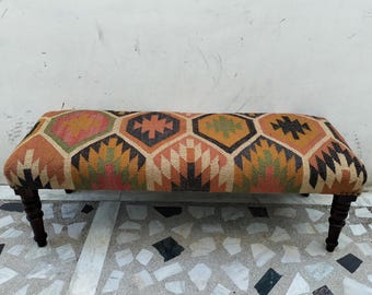 Handgefertigte Kilim Sitzbank: Boho Wolle Jute Ottomane, Akazienholzbeine