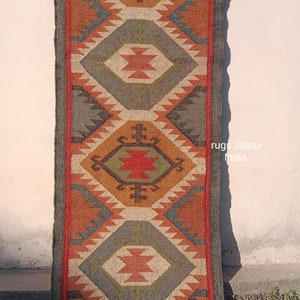 Wool Jute Handwoven Kilim Runner Dhurrie Rug Handmade Kelim Dhurry Indian Turkish Oriental Traditional Custom Fabric Stair Lobby Hallway