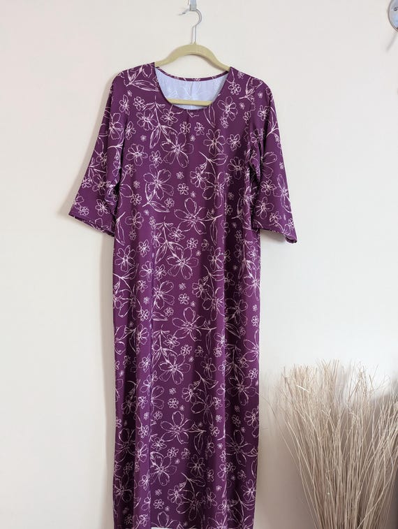 Purple Floral Maxi Dress: Elegant Plum A-Line, Size M