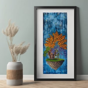 Impresión de arte terrestre flotante con cabaña en un cielo lluvioso- Impresión Giclee de Bellas Artes sin marco - Impresión de paisaje de artista del Reino Unido