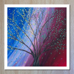 Impresión de arte del árbol vespertino - Cielo moderno azul y magenta con hojas flotantes - Impresión cuadrada de 14 x 14 pulgadas de un artista del Reino Unido
