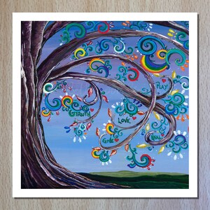 Impresión de árbol inspirador de primavera, con hojas de arcoíris coloridas y arremolinadas y palabras inspiradoras, impresión de 14 x 14 de un artista del Reino Unido