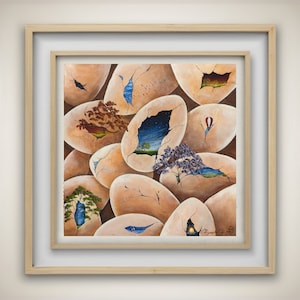 Huevos agrietados con mundos en miniatura emergentes - Impresión Giclee de Bellas Artes sin enmarcar - Impresión de paisaje surrealista de un artista del Reino Unido