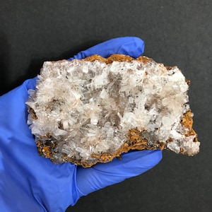 May include: A cluster of white, translucent crystals on a brown, rocky base. The crystals are arranged in a fan-like pattern and have a delicate, feathery appearance.