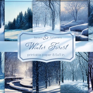 Winter Wald digitales Papier, druckbares Papier, antikes Ölbild, Schnee Hintergrund, Winter Scrapbook, Weihnachten Junk Journal, blauer Winter