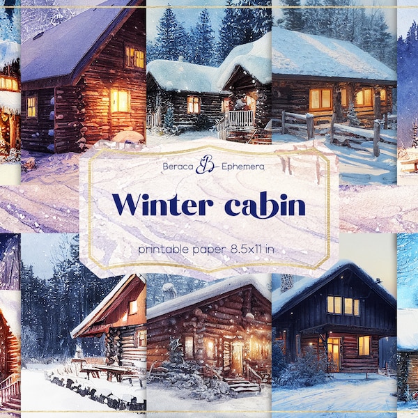 Winter cabin digital paper, snow printable scrapbook, winter night background, Christmas cottage junk journal, wood lodge, frozen forest