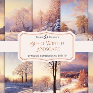 Boho winter landscape digital paper, vintage printable paper, antique oil painting, snow background, neutral scrapbook, bohemian Christmas