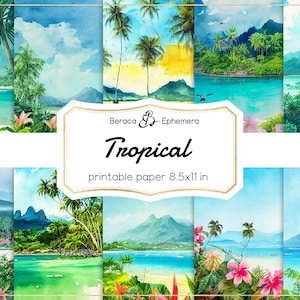 Carta digitale tropicale, carta stampabile, scrapbooking esotico, scrapbooking di isole tropicali, sfondo di ibisco rosa, diario spazzatura oceanica