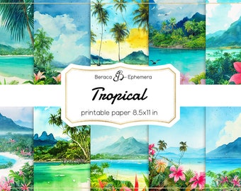 Tropical digital paper, printable paper, exotic scrapbooking, tropical island scrapbooking, pink hibiscus background, ocean junk journal