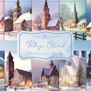 Village church digital paper, winter printable scrapbook, antique oil painting, old church background, Christmas day junk journal