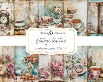 Vintage tea time digital paper, pink roses printable, victorian background, vintage roses, scrapbooking journal, grunge collage, macaroons