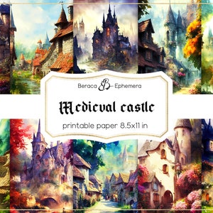 Carta digitale del castello medievale, castello fantasy, sfondo del vecchio villaggio, kit di scrapbooking ad acquerello, arte digitale AI, carta di giornale stampabile