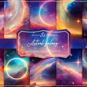 Astral galaxy digitaal papier, sterrenbeeld afdrukbaar papier, pastel universum achtergrond, AI digitale kunst, maan en sterren scrapbooking papier