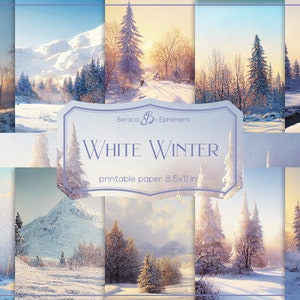 White winter digital paper, vintage printable paper, snow landscape, oil painting, Christmas background, neutral scrapbook, boho winter