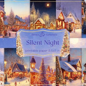 Carta digitale Silent Night, album invernale stampabile, sfondo natalizio, diario spazzatura invernale vintage, carta per cabina di neve, carta digitale