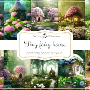 Mały domek dla wróżek papier cyfrowy, papier do druku, tło wróżek, domek z kwiatów elfa, fantasy scrapbooking, magiczny dziennik śmieci, grzyby