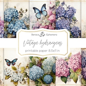 Carta digitale ortensie vintage, carta stampabile floreale rosa, sfondo primaverile, farfalla vintage, diario di scrapbooking ad acquerello