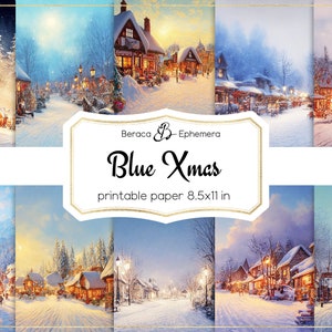 Blue Xmas digital paper, printable scrapbooking paper, blue winter background, Christmas junk journal, victorian Christmas village scene
