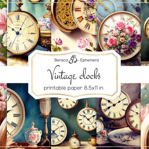 Vintage klokken digitaal papier, afdrukbaar papier, Victoriaanse klokken achtergrond, bloemenklokken papier, vintage plakboek, junk journal benodigdheden