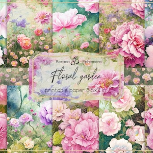 Floral garden digital paper, pink roses printable paper, spring background, vintage roses, AI digital art, watercolor scrapbooking journal