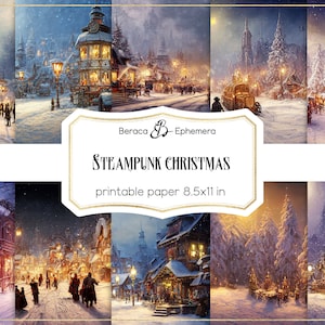 Papier numérique de Noël steampunk, hiver vintage, fond de nuit de Noël, art numérique grunge Noël AI, vieille scène d&#39;hiver victorienne