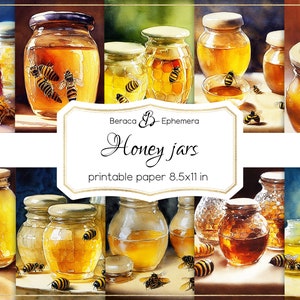 Honey jars digital paper, printable paper, busy bee background, summer flowers, vintage ephemera, bee scrapbook, junk journal pages