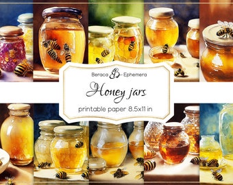 Honey jars digital paper, printable paper, busy bee background, summer flowers, vintage ephemera, bee scrapbook, junk journal pages