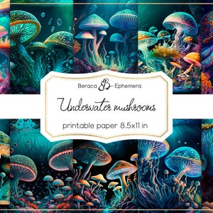 Papel digital de cogumelos subaquáticos, papel imprimível no oceano, cenário de algas, fundo de polvo, arte digital de IA, diário de scrapbook em aquarela