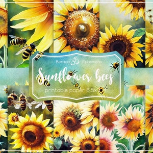 Sunflower bees digital paper, printable paper, honey bee background, summer paper, vintage ephemera, floral scrapbook, yellow journal page