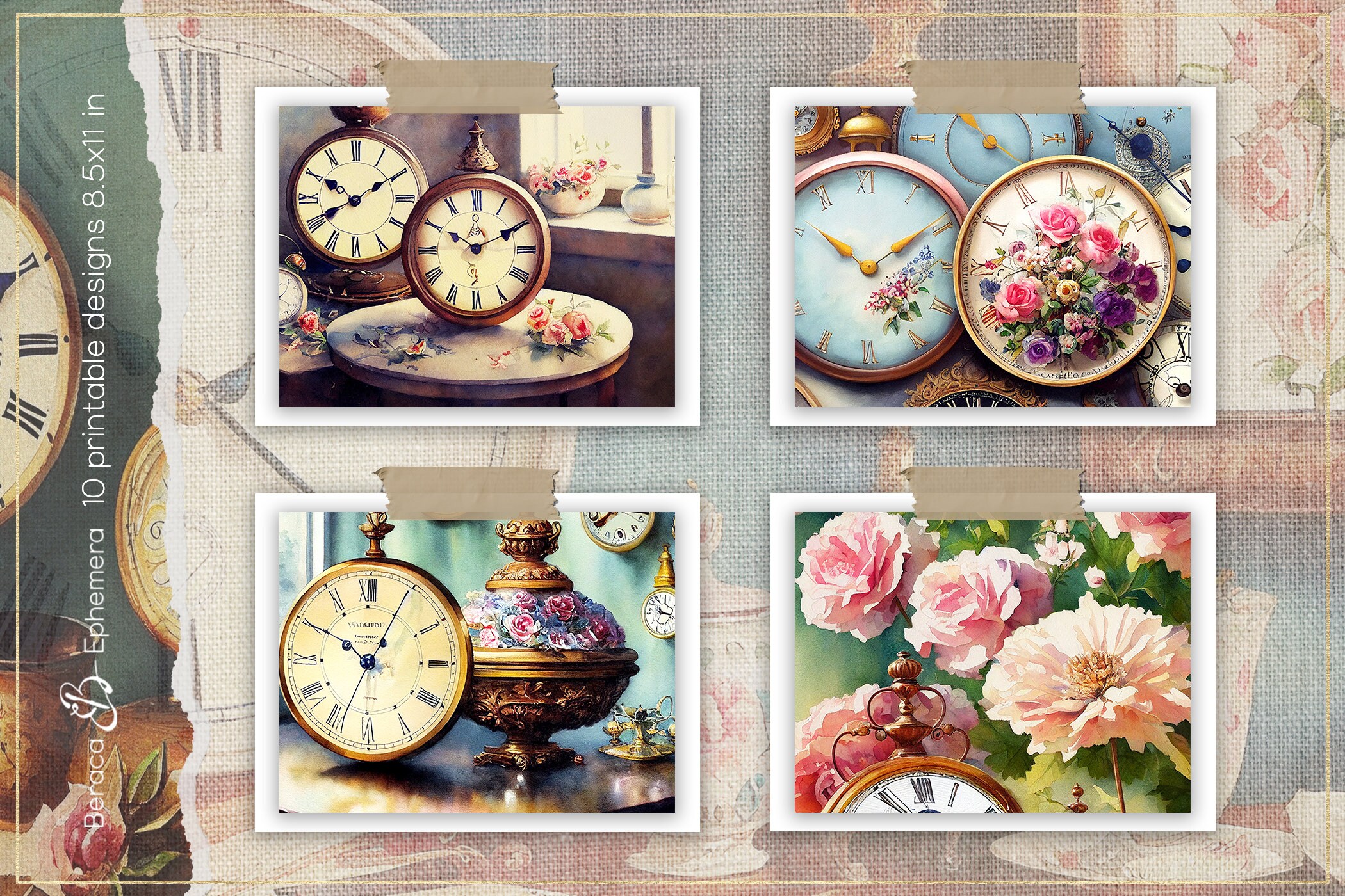 Vintage Clocks Digital Paper, Printable Paper, Victorian Clocks