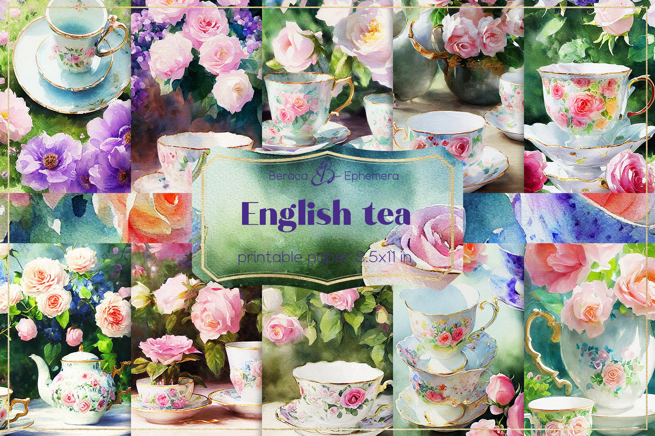 English Tea Digital Paper, Printable Paper, Elegant Floral Tea Cups ...