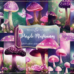 Purple mushrooms digital paper, printable paper, fantasy background, fairy forest, pink butterflies, junk journal pages, flower moon paper