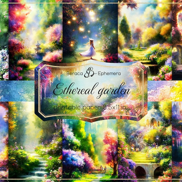 Ethereal garden digital paper, watercolor fantasy landscape, whimsical background, flower scrapbooking supplies, printable journal paper