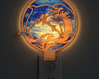 Sea Wave Dolphin Night Light SVG | Dolphin Lamp Laser Cut File | Ocean LED Night Light | Digital Download | Svg Pdf Dxf