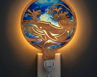 Sea Wave Whale Night Light SVG | Whale Lamp Laser Cut File | Ocean LED Night Light | Digital Download | Svg Pdf Dxf