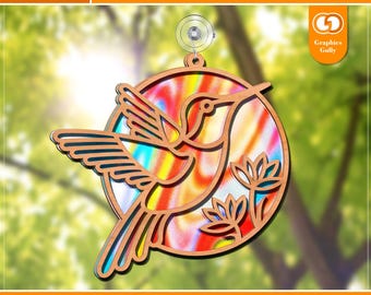 Acchiappasole floreale a forma di colibrì / Decorazione da parete rotonda, Ornamento per finestra / Acchiappasole laser in acrilico / File di taglio laser Glowforge / SVG, DXF, PDF /