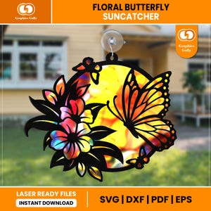Floral Butterfly Suncatcher | Hanging Window Ornament |  Acrylic Suncatcher | Glowforge Laser Cut File | SVG, DXF, PDF | Digital File