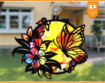 Atrapasol de mariposa floral / Adorno colgante para ventana / Atrapasol acrílico / Archivo cortado con láser Glowforge / SVG, DXF, PDF / Archivo digital