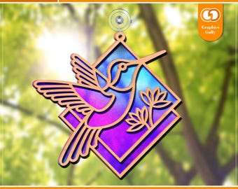 Acchiappasole a forma di colibrì / Decorazione da parete, per finestra / Acchiappasole laser in acrilico / File tagliato al laser Glowforge / SVG, DXF, PDF / File digitale